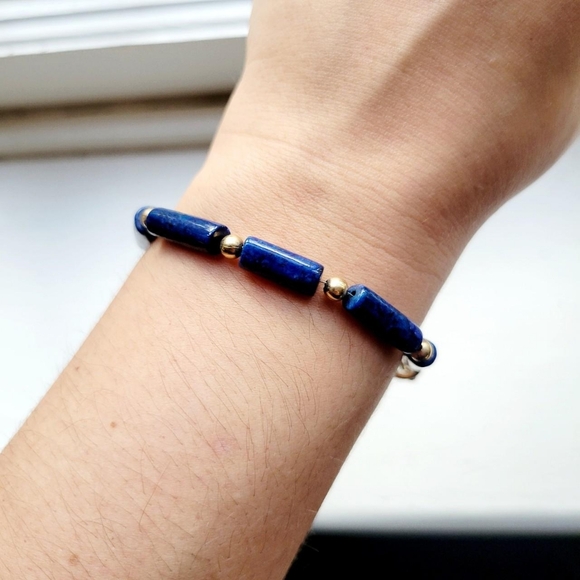 Vintage 14K GF Lapis Lazuli Egyptian Scarab Gemstone Beaded Bracelet - Picture 5 of 8